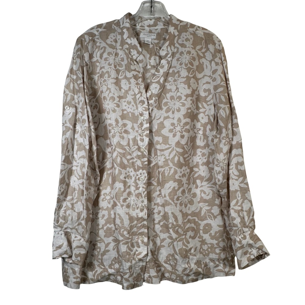Charter Club Woman 16W Linen Floral Button Down Shirt Tan White Magnolia Grove